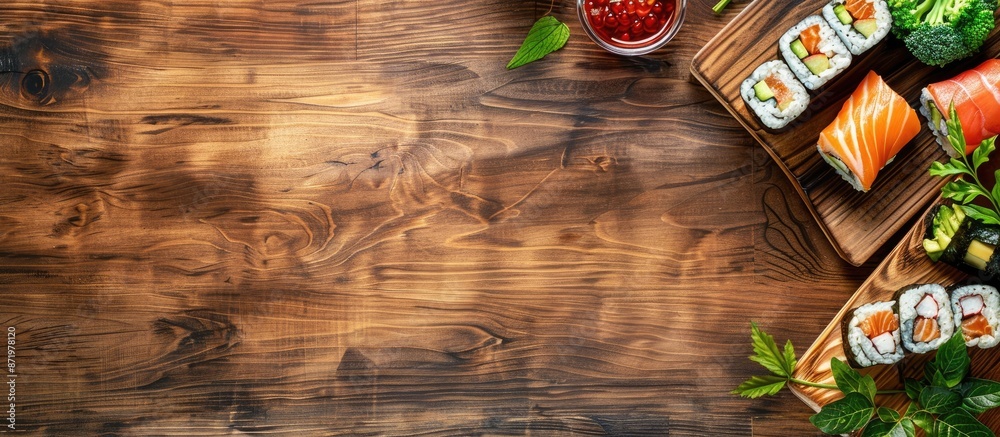 Poster Sushi set on wooden surface with copy space image. Top-down view of Japanese sushi rolls with ample space for text.