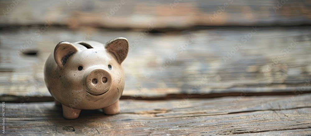 Poster Piggy bank and coin placed on a weathered wooden table providing ample copy space for an image.