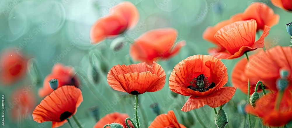 Poster Blooming red poppy flowers in the countryside with a copy space image available for text integration.