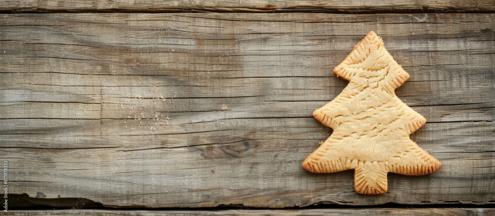 Poster christmas tree-shaped cookie on a wooden background with copy space image.