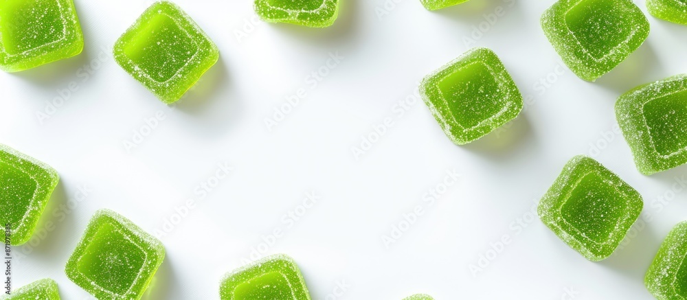 Poster An array of green gummy candies presented in a frame on a white background in a top-down perspective offers room for text or design in the copy space image.