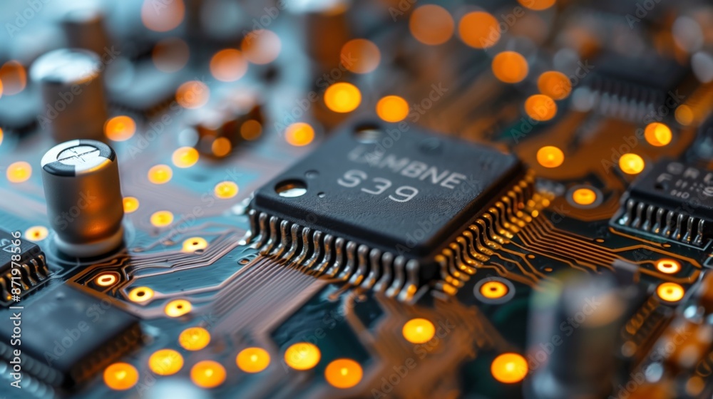 Poster A close-up shot of a circuit board with a microchip, showing intricate detail and various electronic components.