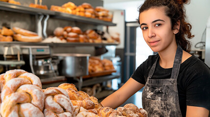 Latina bakery employee arranging artisan bread on display at local bakery shop. Bakery interior with staff organizing fresh bake product for sale.