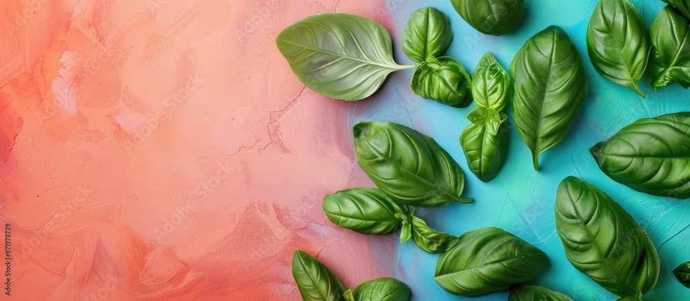 Aufkleber Fresh basil leaves arranged in a frame on a colored surface with a copy space image.