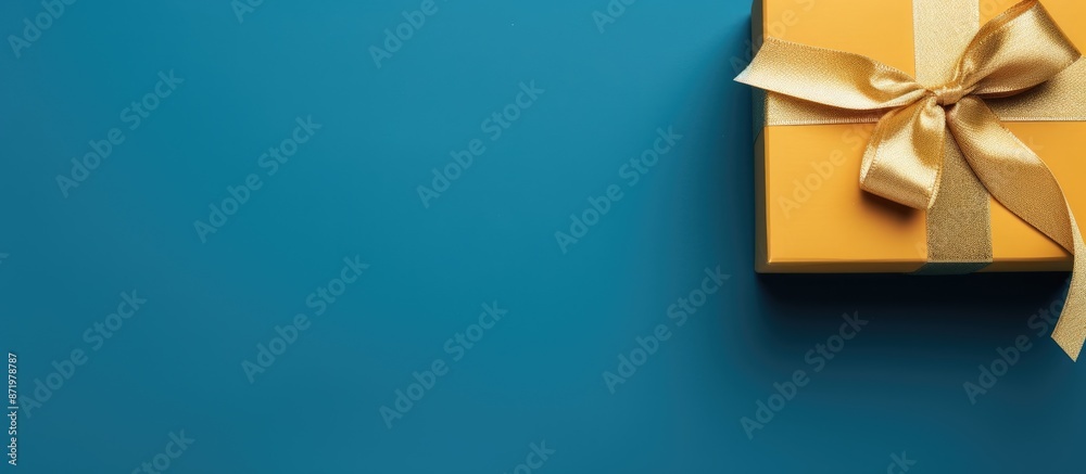 Fototapete top-down view of a blue gift box with a golden ribbon against a blue background in a banner format, 
