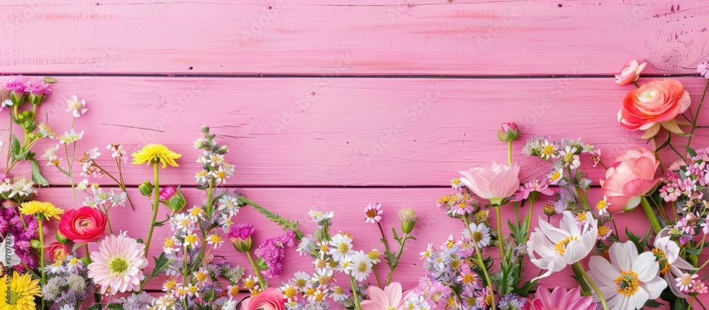 Poster pink wooden background adorned with a border of lovely spring flowers, providing a flat lay view wit