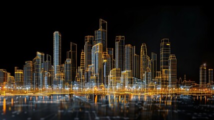 Fototapeta premium Modern tower cityscape in 3D architectural wireframe design model.