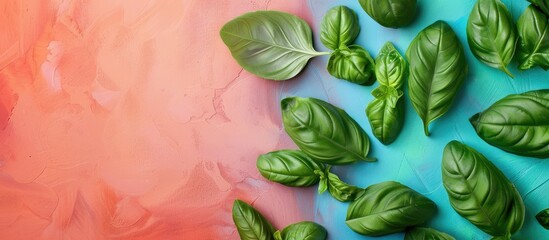 Fresh basil leaves arranged in a frame on a colored surface with a copy space image.