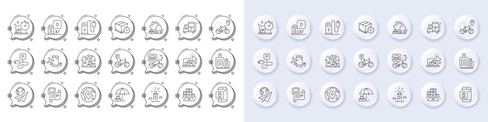 Bicycle parking, Bike delivery and Charging station line icons. White pin 3d buttons, chat bubbles icons. Pack of Metro map, Diesel station, Charging parking icon. Vector