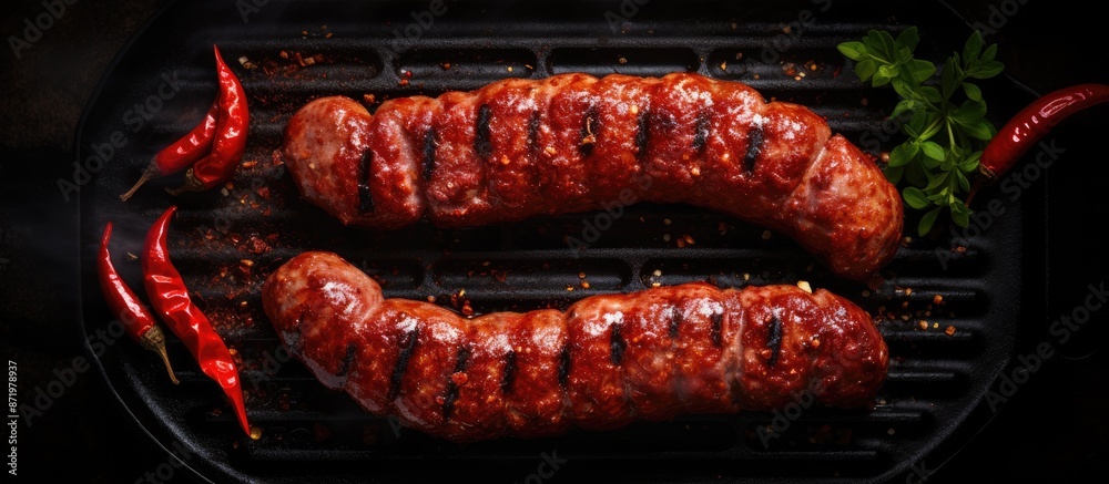 Poster Top view of a Sucuk beef sausage sizzling on a grill, set against a black background with ample copy space for an image.