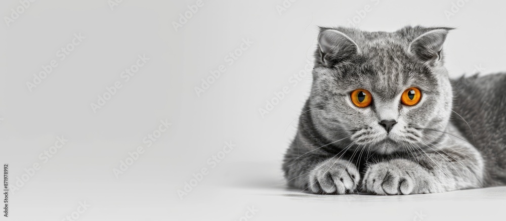 Poster scottish fold cat with a grey coat and vibrant yellow eyes, resting gracefully with a blank space fo