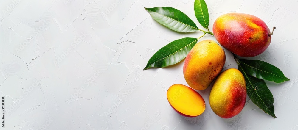 Poster Top-down view of a mango fruit and sliced half with copy space image on a white background, perfect for adding text.