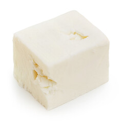 Cubes of feta cheese isolated on white background. Greek fitaki cheese piece close up.