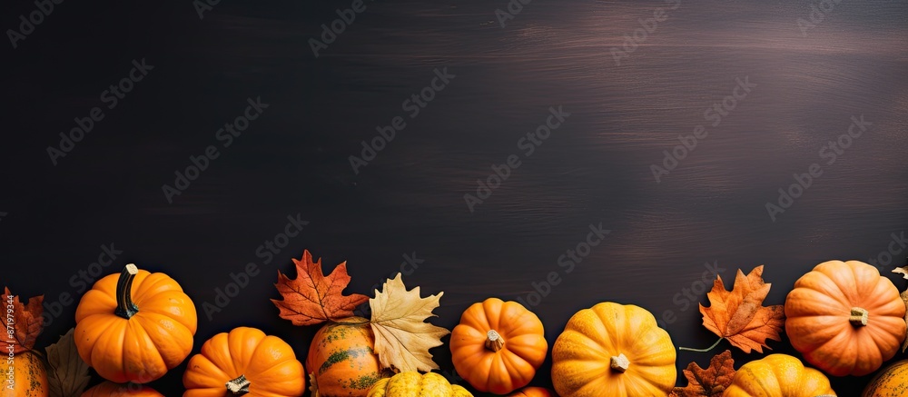 Fototapete top view of pumpkins on an autumn-themed background suitable for text with copy space image.