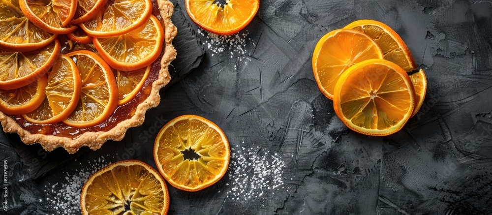 Poster an orange tart with caramelized slices on a gray backdrop, offering room for text or additional imag