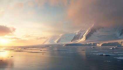Stunning sunset over a serene Arctic landscape with icebergs and snow-covered mountains reflecting in calm waters.