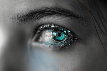 Naklejka premium A close-up of a woman eye with a futuristic cybernetic prosthetic