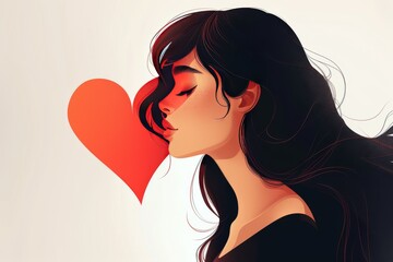 Woman with Red Heart in a Minimalist Style