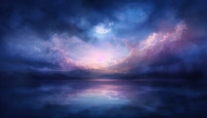 Stunning twilight sky with dramatic clouds reflecting on a calm lake, creating a serene and mystical landscape scene.