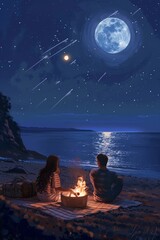 Fototapeta premium A romantic scene with a couple sitting on a beach at night
