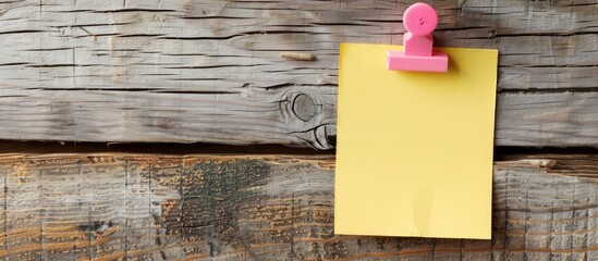 Wooden background with a blank yellow and pink sticky note paper pinned by a wooden thumbtack, creating a copy space image.
