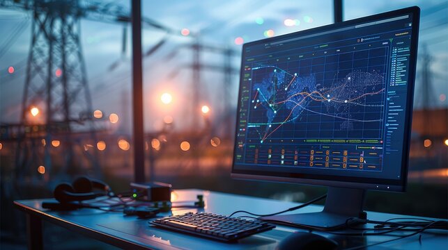 An electrical project is displayed on a computer screen, along with CAD software, with electricity towers and solar panels in the distance. Generative AI.