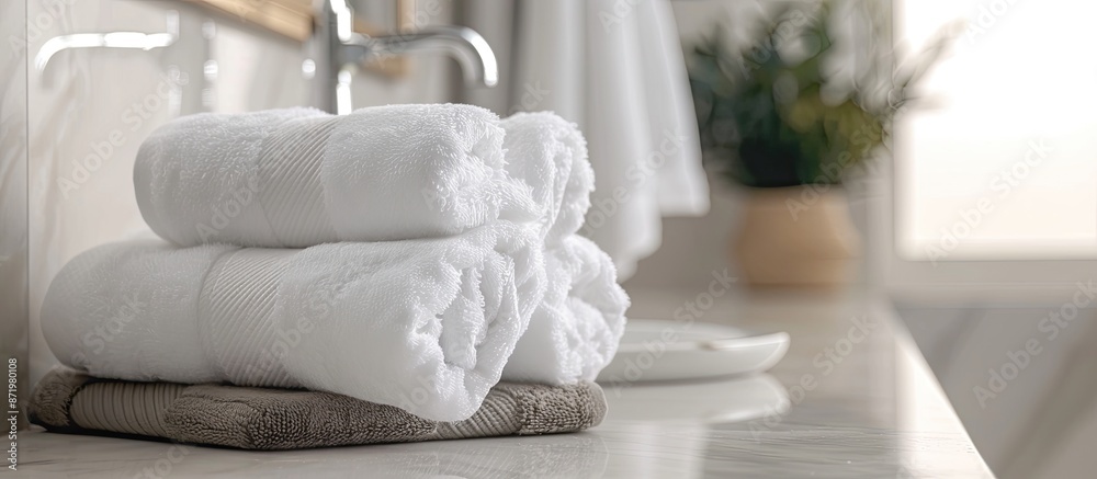 Aufkleber white terry towels on a bathroom table with room for a text on the image.