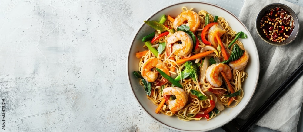 Poster A bowl containing stir-fried noodles, veggies, and shrimp, set against a simple background ideal for adding text or other elements - a copy space image.
