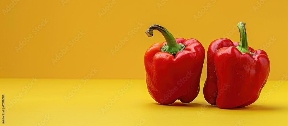Poster ugly food on a yellow backdrop includes two ripe red bell peppers in the photo with copy space image