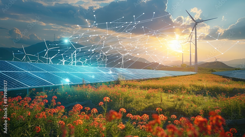 Poster flowing data at a solar and wind park in the future. generative ai.