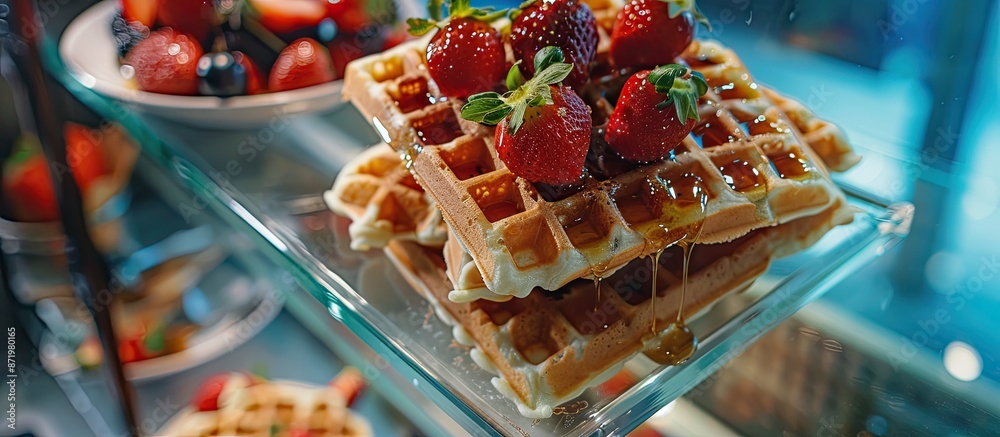 Poster Fresh mint garnishes enhance Belgian waffles drizzled with honey and strawberries, displayed on a glass shelf in a bottom view image with copy space.