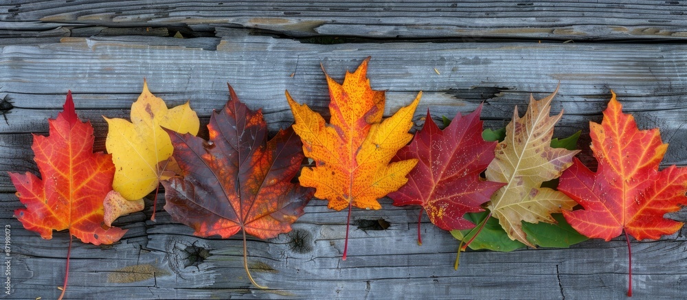 Poster autumn leaves in various colors on a wooden backdrop with room for a copy space image.