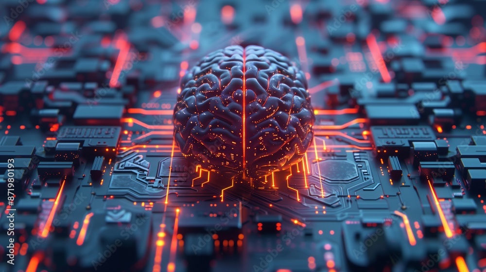 Poster A digital rendering of a human brain placed on a glowing circuit board. The image represents the intersection of technology and human intelligence.