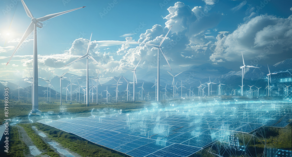 Poster flowing data at a solar and wind park in the future. generative ai.