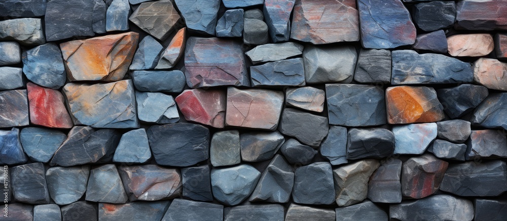Poster Basalt rock texture creating a multi-colored stone wall, with a stone background suitable for a fantasy wallpaper with copy space image.
