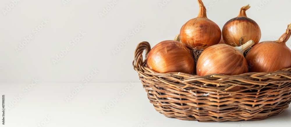 Aufkleber Three sizable onions in a rustic wicker basket against a blank white backdrop with ample copy space for additional images or text.