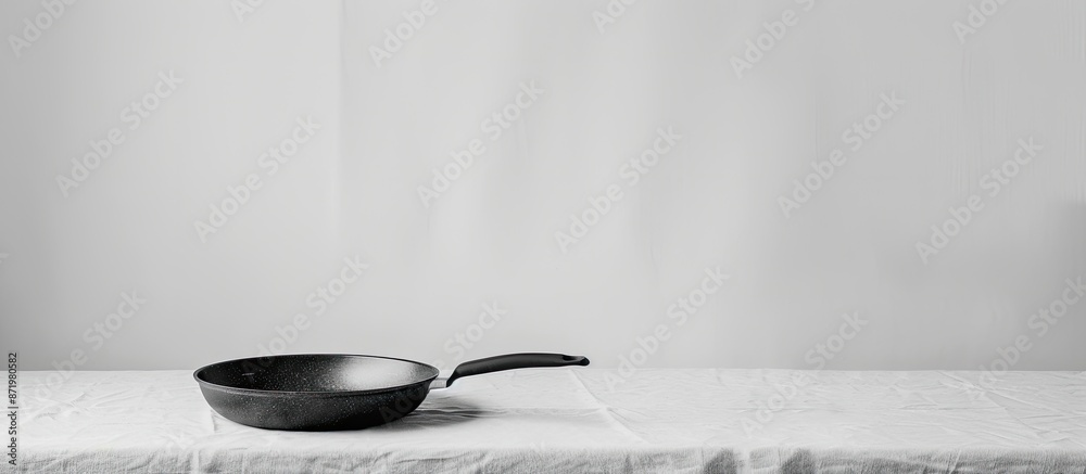Poster A lone pan resting on a table against a white backdrop with a clear space for an image.