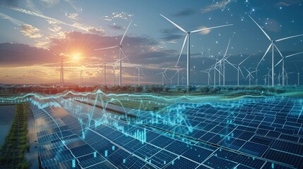 Flowing data at a solar and wind park in the future. Generative AI.