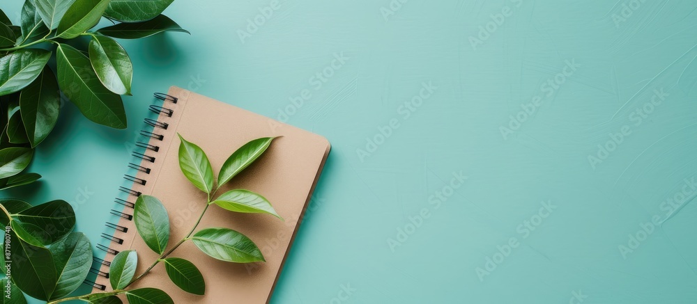Poster a minimalistic mockup featuring a notebook and a plant with green leaves, perfect for copy space ima