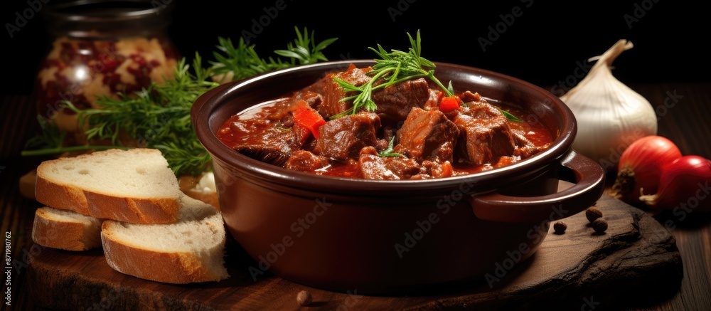 Poster Beef Goulash served with onion and rustic homemade bread, complemented by a visually appealing background to create an enticing copy space image.