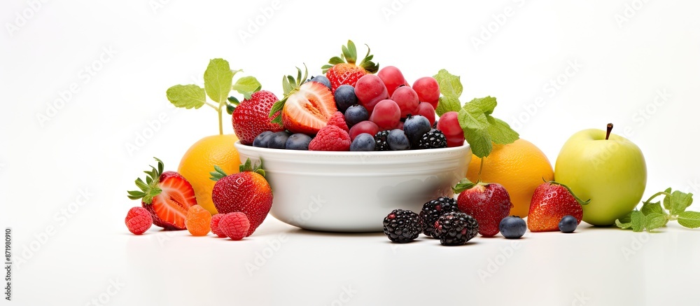 Poster white background with copy space image featuring isolated fruits and berries.