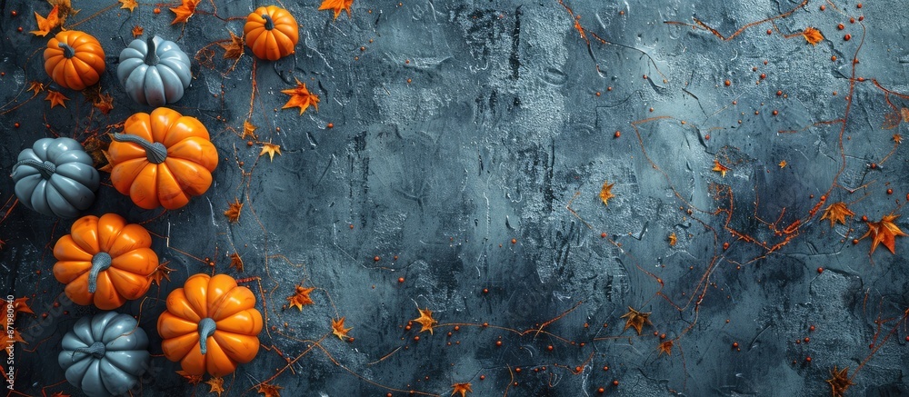 Poster a halloween-themed background with pumpkins on a stone surface seen from above, featuring a blank ar