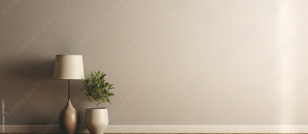 Poster empty room wall mockup featuring a lamp and a plant with copy space image.