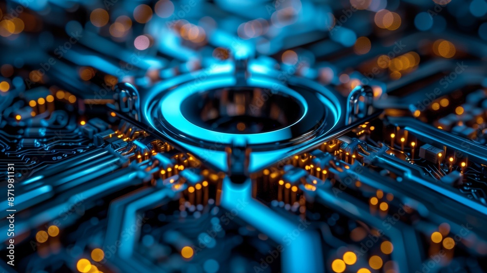 Aufkleber A close-up image of a blue circuit board with a circular element in the center. The board is lit with a blue glow, and the circular element has a bright, reflective surface.