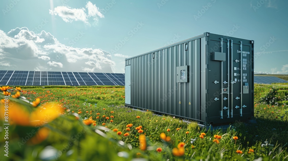 Poster battery storage container next to a bank of ground-based solar panels in a green field. generative a