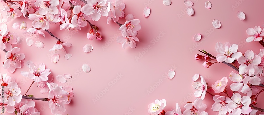 Poster Top view of blooming cherry tree flowers on a millennial pink background, with a frame pattern and copy space image, in minimal style for design or text.