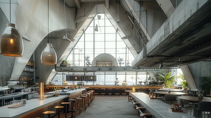 Factory interior, right-angled triangular roof, retro-futurism, restaurant and bar, industrial style. Generative AI.