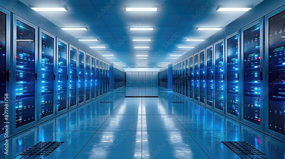Aufkleber a large server rooms with blue screens and led indicators, highlighting the need for more storage an