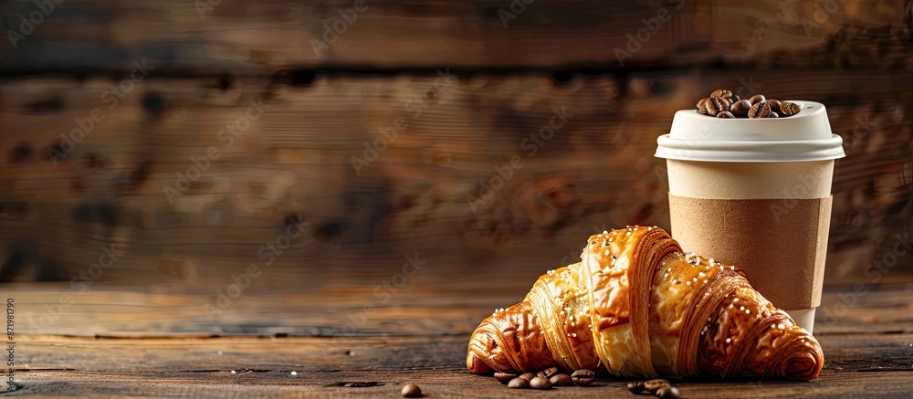 Poster wooden background with a take-away coffee and a fresh croissant topped with chocolate drops, allowin