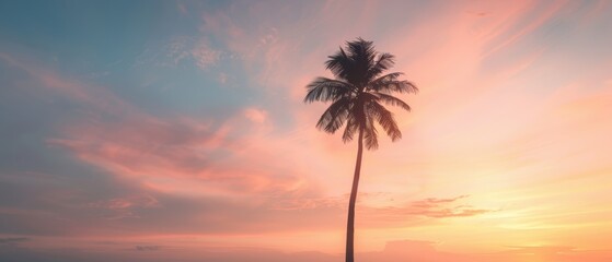 Obraz premium Tranquil sunset with a single palm tree silhouetted against a colorful sky, creating a serene and peaceful atmosphere on a tropical evening.